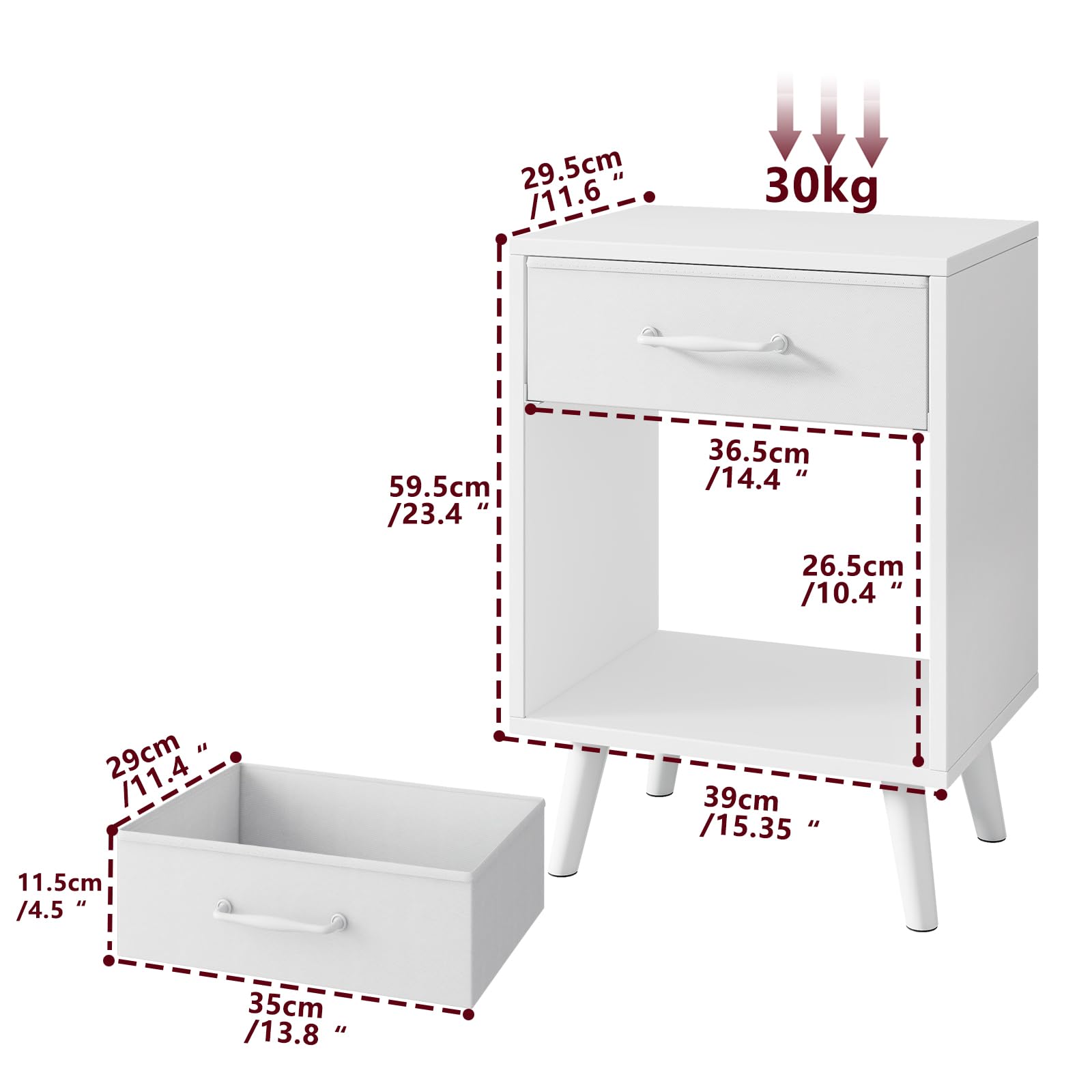 YMYNY Lot de 2 Tables de Chevet, Table d'Appoint, Commode de Chevet, Tiroir en Tissu avec Poignée, Étagère Ouverte, Pieds en Bois Massif, Style Industriel Rétro, pour Chambre, Salon, Blanc HST020W-2