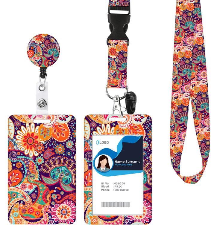 ID Badge Holder with Retractable Lanyard and Keychain, Badge Reel with Rotate Carabiner Clip,Orange Paisley Flowers Card Name Tag Lanyard ID Protector