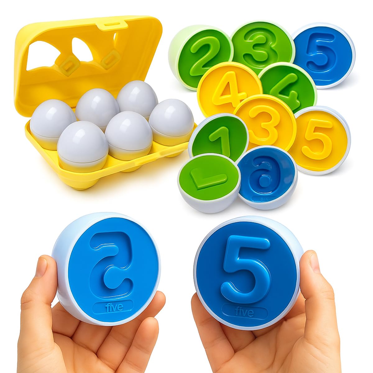 Kidoloop Matching Eggs for Toddlers, Box of 6 Eggs (12 PCS) Montessori Shape Sorter with Colourful Numbers, Early Learning Educational Fine Motor Skills Sensory Toy Gift