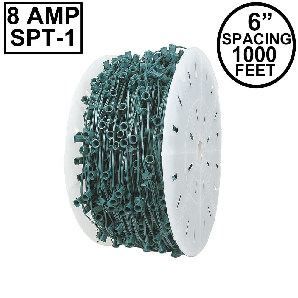 Novelty Lights 1.000 Feet C9/E17 Socketed Light Spool, 6 Inch Spacing Green Wire Bulk Reel, 8 Amp SPT-1 Draht, Commercial Grade, Indoor/Outdoor All Weather, For Cutting Custom Lengths