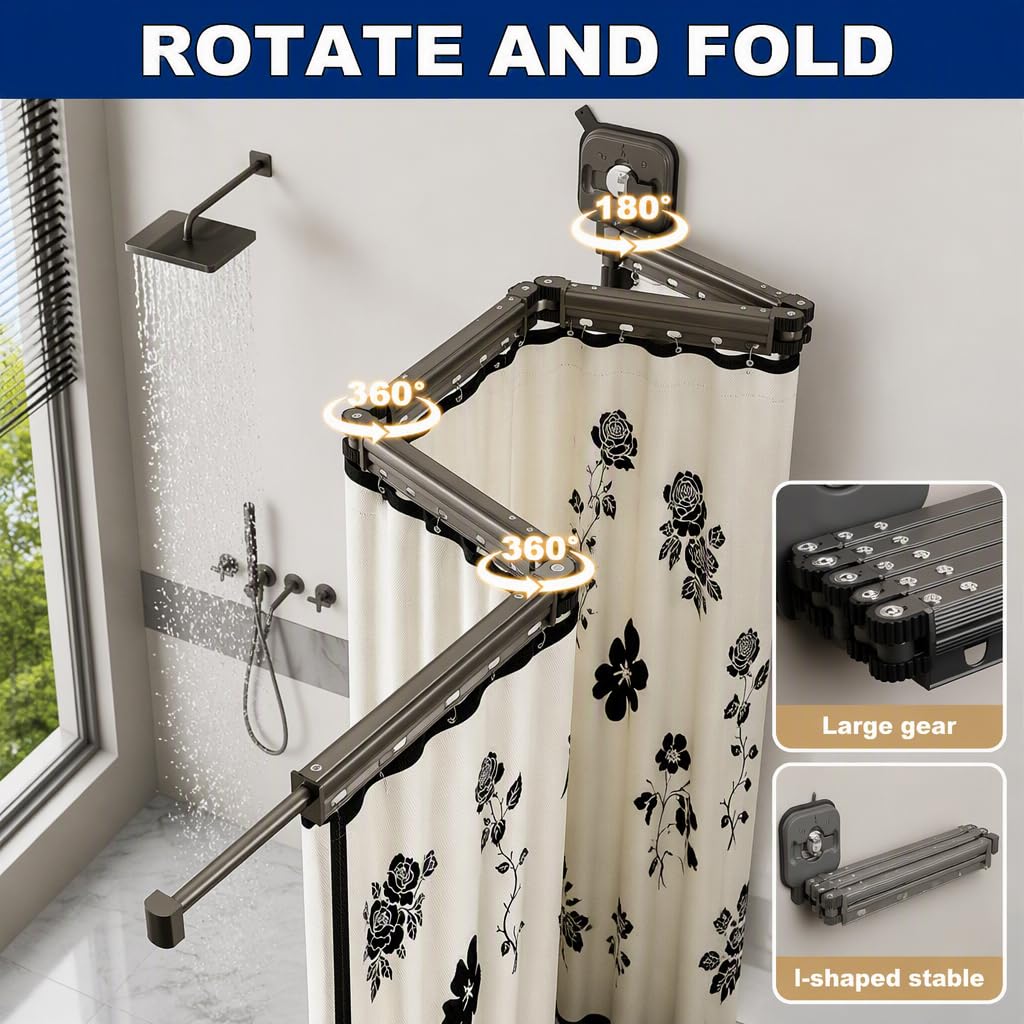 Rideau de Douche Pliable et Ajustable avec Barre à ventouses, Design Gain de Place pour la Salle de Bain et Les Voyages (2-Folds)