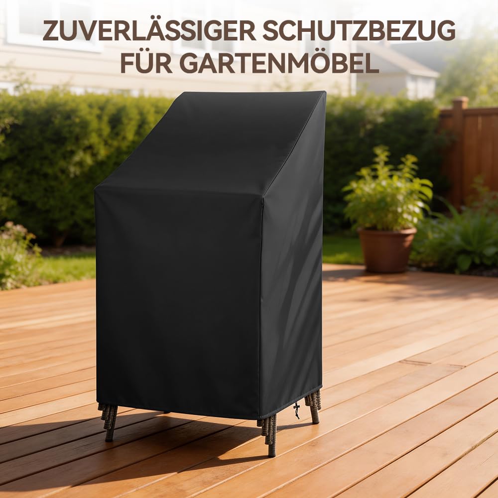 Gartenstuhl Abdeckung, 65x65x80/120cm Schutzhülle für Stapelstühle Winterfest, Wasserdicht & UV-beständig, Oxford-Stoff Gartenmöbel Abdeckung mit Kordelzug für Gartenstühle Balkonstühle (Schwarz)