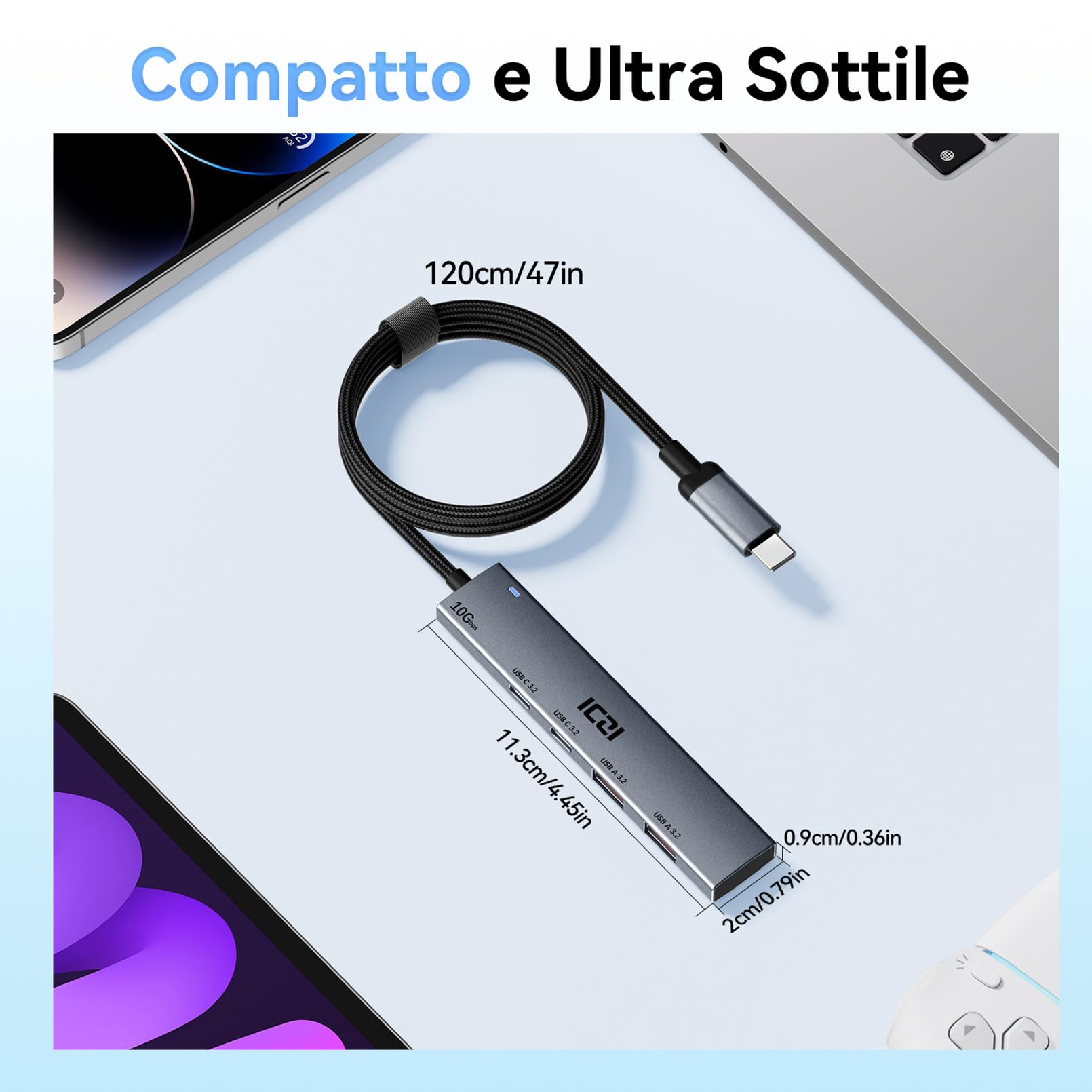 ICZI Hub USB C 3.2 10Gbps 4 Porte Sdoppiatore Adattatore 120cm con 2*USB-A e 2*USB-C Compatibile con Macbook Air/Pro, Laptop, Surface, Galaxy S25, iPhone 16