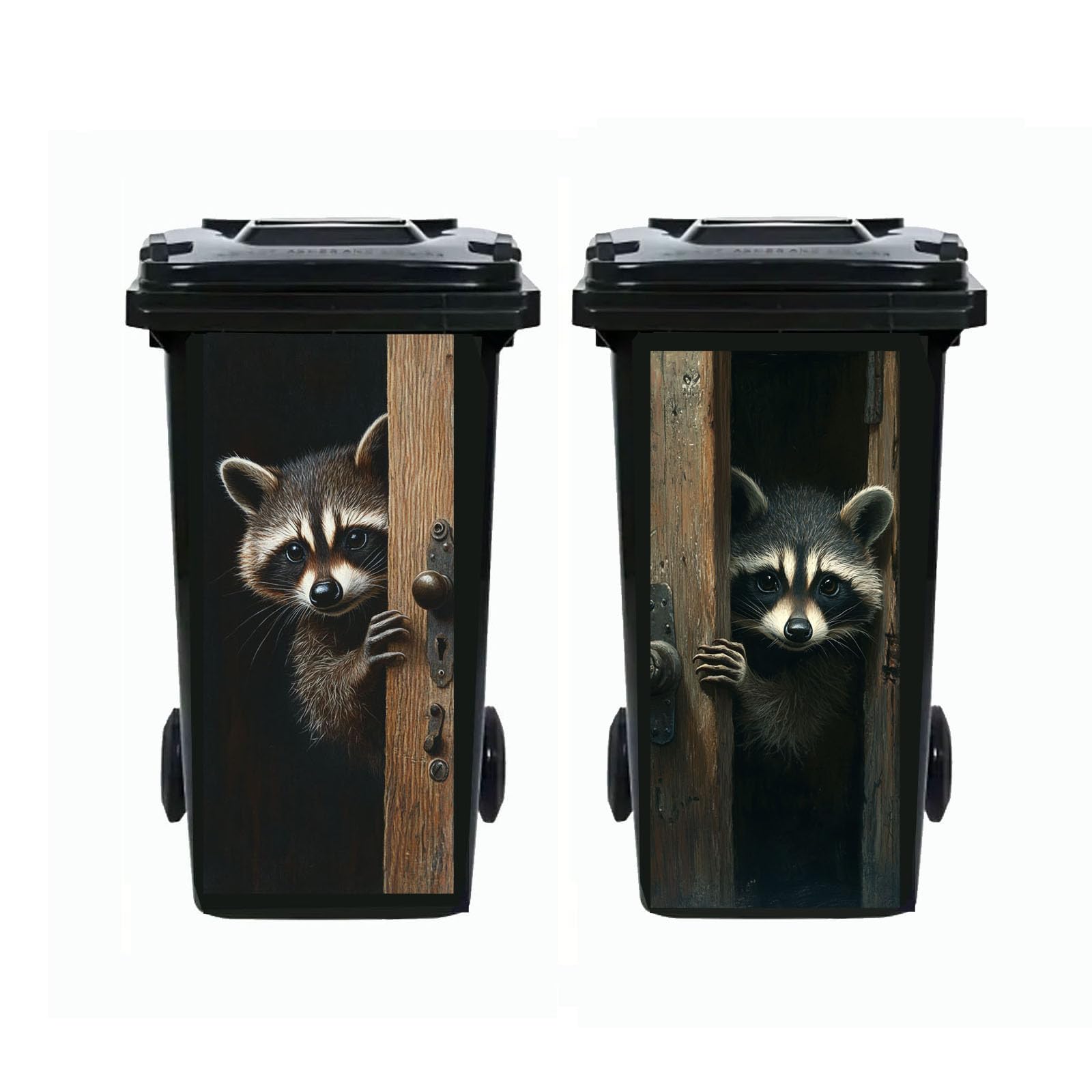 Nouiroy 2Pcs Donkey Dustbin Sticker Decals,14.57×32.28in Raccoon Wheelie Bin Stickers Self Adhesive Panda Peeking Decal for Door Trash Cans Bins Driveway Garden Outdoor Patio Decor (Raccoon) — image 1