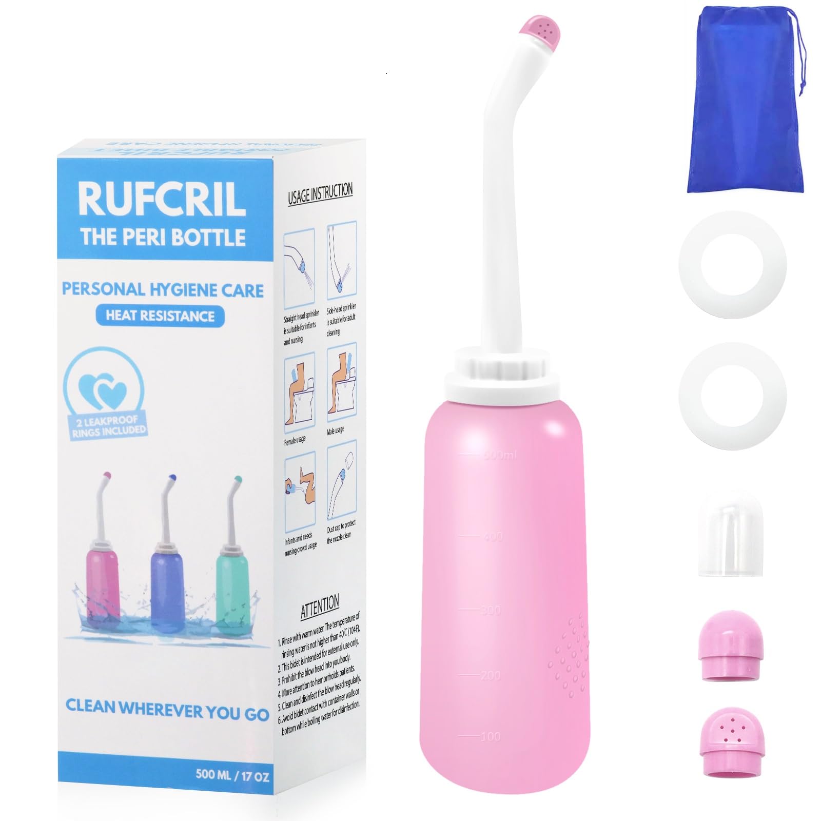 RUFCRIL Peri Bottle, Portable Travel Bidet with Carry Bag, TPE Material Can Be Boiled, 500ml Capacity with 2 Sealing Ring,Essentials for Postpartum Perineal Care, New Baby