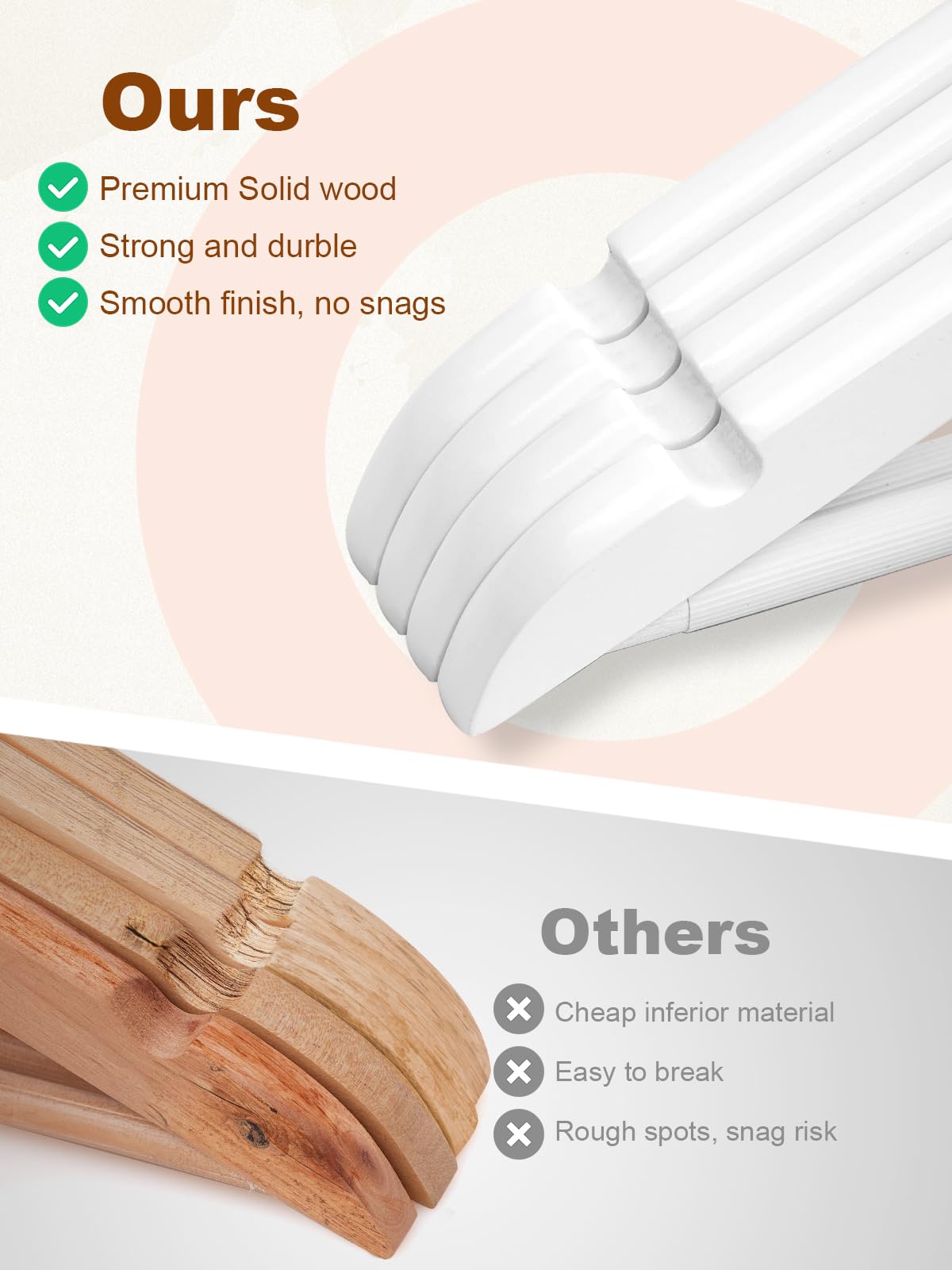 HOUSE DAY Perchas de madera blanca, paquete de 20 perchas de madera maciza con barra antideslizante para pantalones, perchas de madera resistente para armario, perchas de madera con acabado suave para