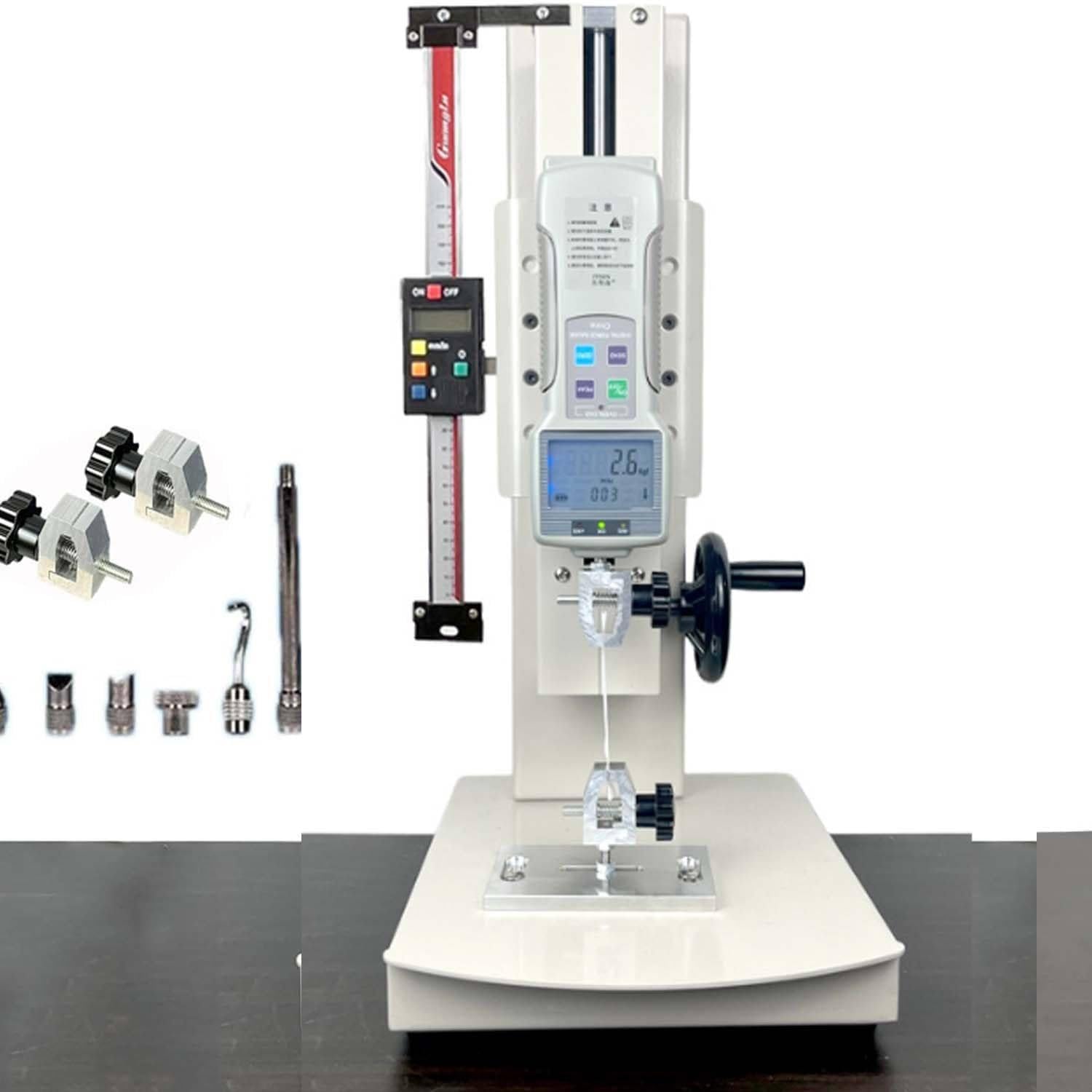 LSHFYV 10-2000N Digital Tensile Pressure Tester, Digital Pull Force Tester, Hand Crank Vertical Tensile Test Bench, with 5 Probes, 2 Testing Clamp, Stroke 270mm, for Tension Testing Withruler-10N