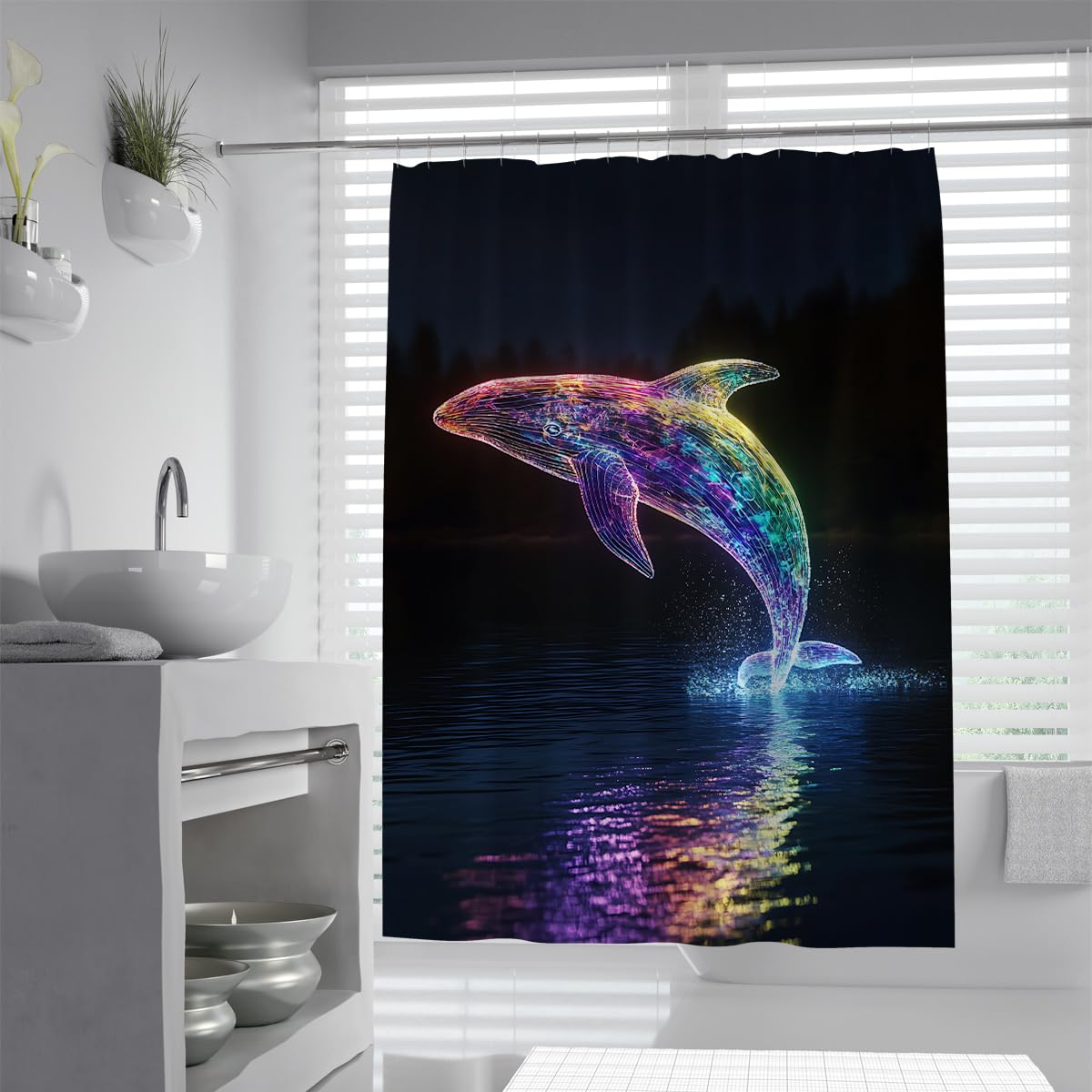 UIRINGART Watercolor Humpback Bathroom Screen W90xL180cm Water Repellent Mildew Resistant Colorful Ocean Animal Pattern Fabric Shower Curtain With Hooks Tub Liners Gym