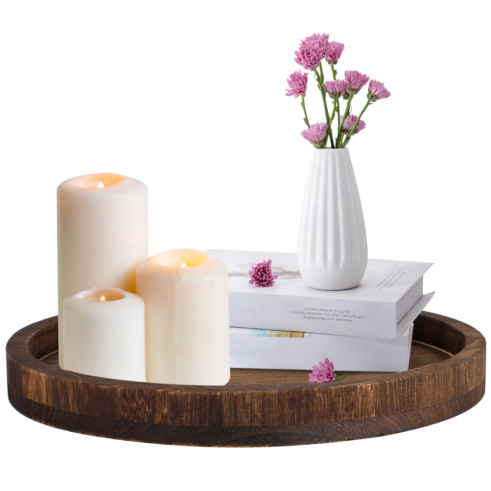 Nihuifdpy Dark Coffee Color Candle Holder Tray, 30Cm Round Vintage Candle Plate, Farmhouse Table Decorations Centerpiece, Rustic Wood Tealight Pillar Trays For Christmas Wedding Halloween Bathroom Decor