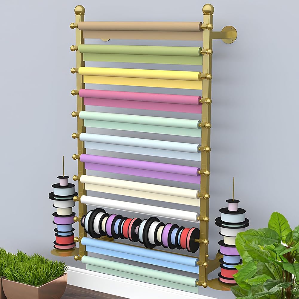 KK-GAL Professional Wrapping Paper Display Stand, Boutiques Trim Ribbon Roll Storage Rack, Wall Mounted Leather Organizer Holder, 12 Adjustable Bars, Flower Market Bouquet Packaging Rack,Gold 100cm