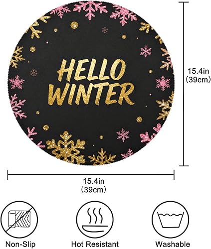 Miniatura 4 de Hello Winter Gold Pink Black Snowflake Decorative Round placemats Reusable Place mats Set of 4 15x15 in individuales para mesa de comedor Redondo
