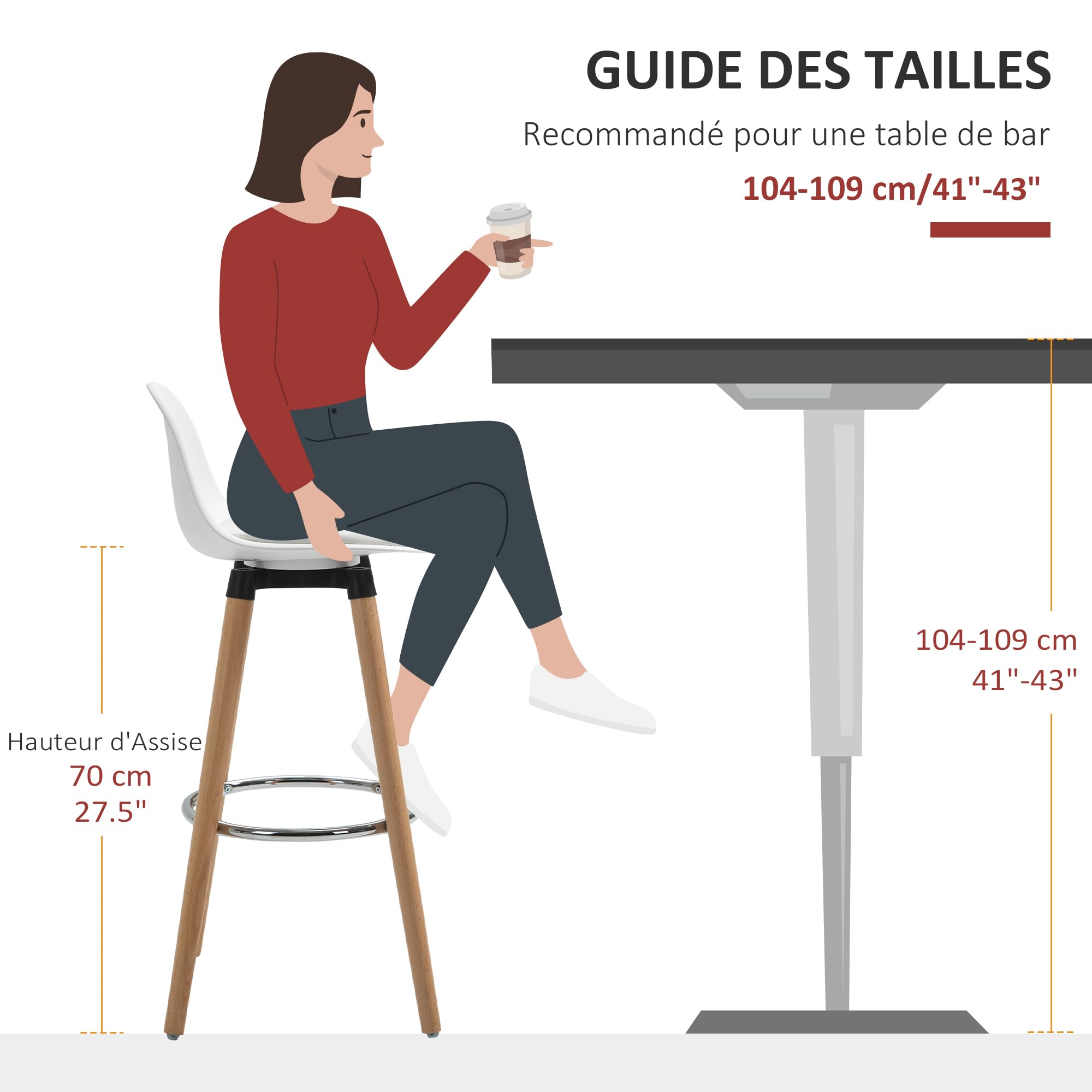 HOMCOM Lot de 4 Tabourets de Bar Style Scandinave Hauteur 70 cm Blanc