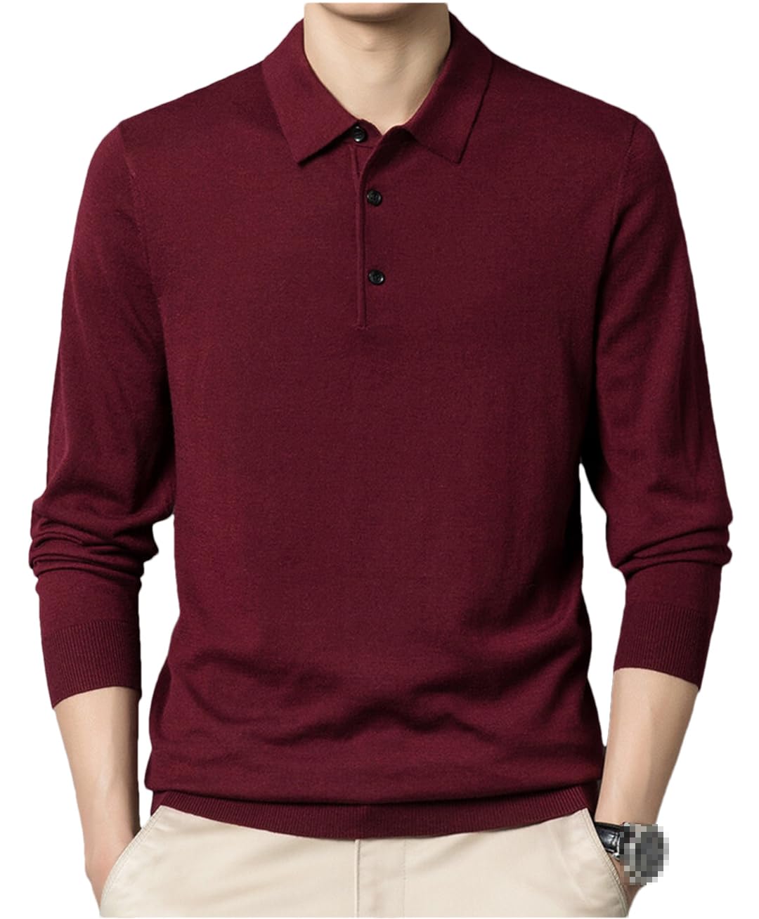Dndrdhfb Polo da Uomo in Maglia di Lana A Maniche Lunghe con Bottoni Bavero Slim Business Casual Pullover Polo Top
