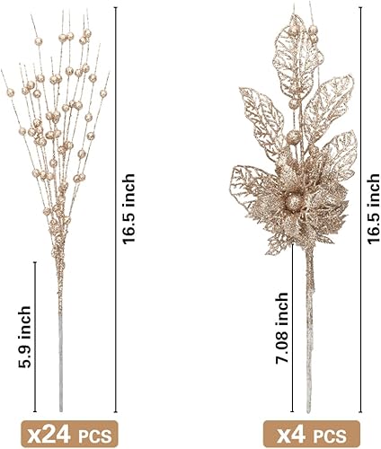 Miniatura 2 de ROSELEAF Paquete de 28 adornos negros para árbol de Navidad, bayas artificiales con purpurina y flores, ramas de tallo para Halloween, decoración de