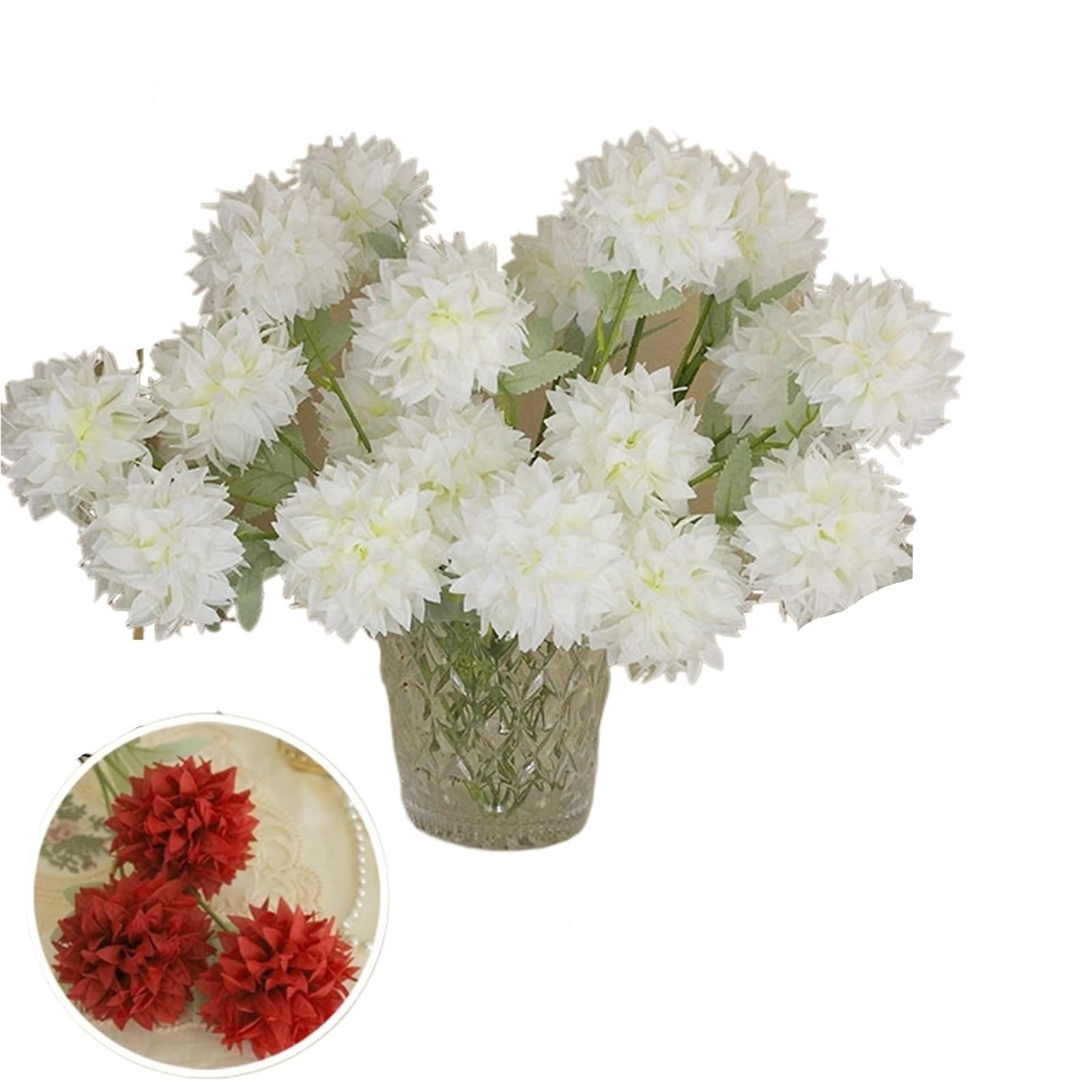 Maryear Artificial Flower 3pcs Chrysanthemum Simulation Flower White Ball Dandelion False Bouquet Wedding Decoration(White)