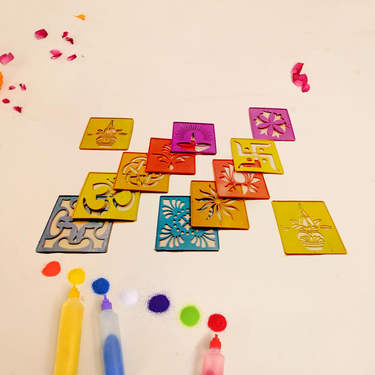 Swadeshi Desire Multicolour Swadeshi Desire™ Rangoli Stencil Set Of 12, Diwali Decoration Items, Rangoli Making Tools Kit Stencils