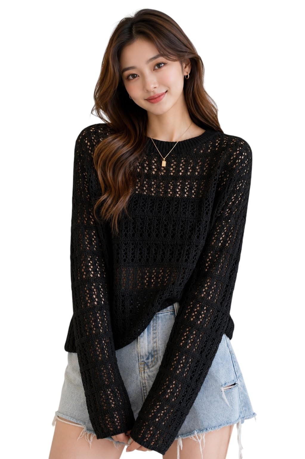 Women ® Female Spring and Autumn Design Feeling Small and Unique Knitwear Thin Sun Protection Cover Top Hollow Short Top