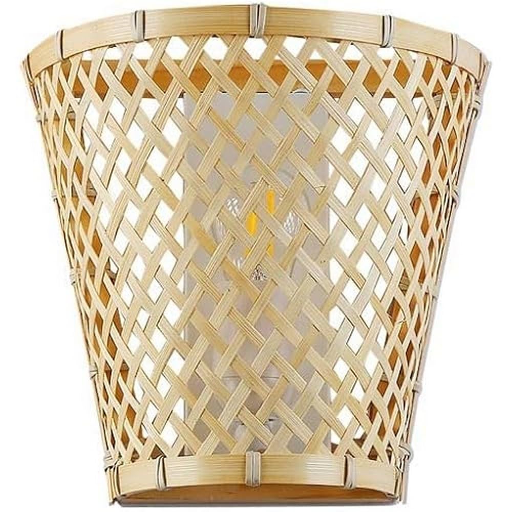 BarcelonaLED Applique murale en osier avec culot E27 Blanc et abat-jour en forme de panier bambou rotin pour lumière haut et bas intérieur Table de chevet salon chambre