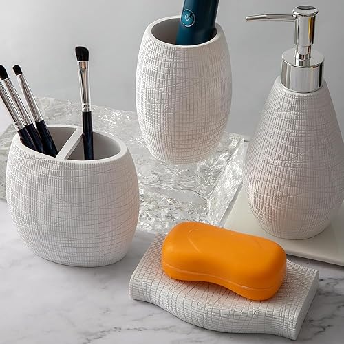 Miniatura 4 de Juego de accesorios de baño, organizador de baño de 4 piezas con vaso de cepillo de dientes, dispensador de jabón, jabonera, vaso, kits de resina
