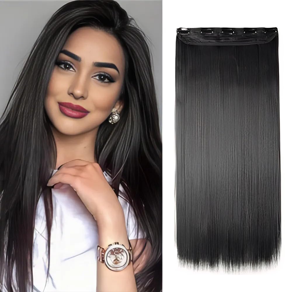 VIEWS 5 Clips Straight Synthetic Women Straight Hair Extension 22 Inches (Black)