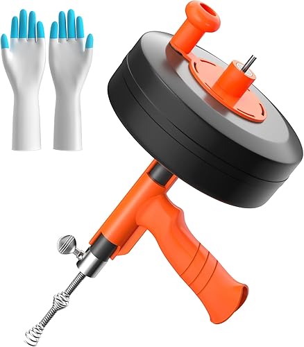 Barrena de drenaje, serpiente de fontanería con adaptador de taladro, taladro de tambor de acero flexible resistente de 50 pies y serpiente de