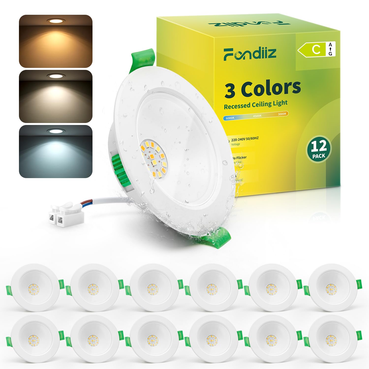 Fondiiz 12-częściowy reflektor LED 230 V, 4 W 570 lm wbudowany reflektor LED ciepła biel 3000 K neutralna biel 4500 K zimna biel 6000 K, plamy sufitowe wpuszczone 68 mm otwór rozmiar biały, IP44