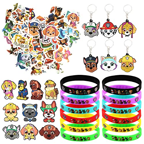 Party Geschenke für Kinder, 78 Pcs Spielzeug Set mit Paw Dog Patrol Armbänder, Paw Dog Patrol Aufkleber, Schlüsselanhänger, Schuhanzieher, Perfekt für Kindergeburtstage und Themenpartys als Geschenk Cover