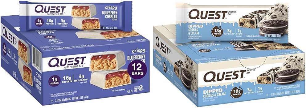 Quest Nutrition Crispy Blueberry Cobbler & Dipped Chocolate Cookies & Cream Protein Bars, 16-18g Protein, 1-3g Sugar, 3-6g Fiber, Gluten Free, Keto Friendly, 12 Count