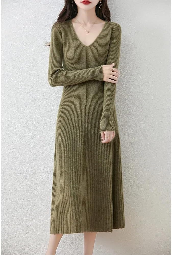 Women Sweater Wool Dress V-Neck Pullover Knitwear Autumn Winter Cashmere Soft A-Line Skirts