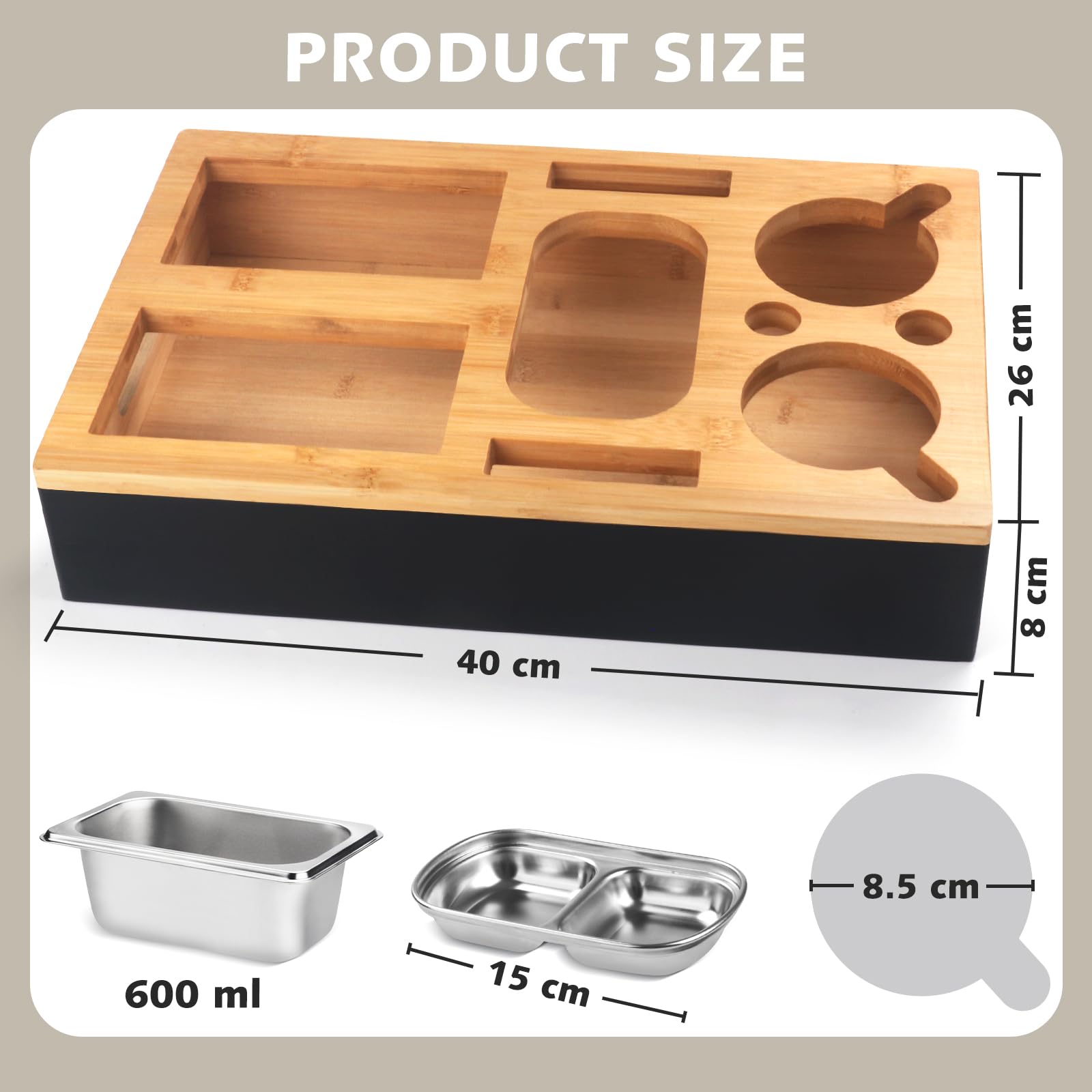 Vassoio Portasnack Per Divano In Legno Con 2 Ciotole In Acciaio Inox E Portabottiglie - Organizer Salvaspazio Personalizzabile