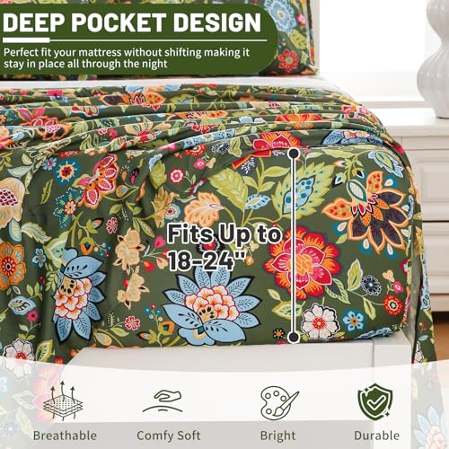 Image of Bedlifes Floral Pattern Bed Sheet Set Queen Size, 18-24 inch Extra Deep Pocket | Ultra Soft Microfiber, Breathable & Silky, OEKO-TEX Certified, Easy-Care Machine Washable, 4PCS, All-Season Spring Bedding