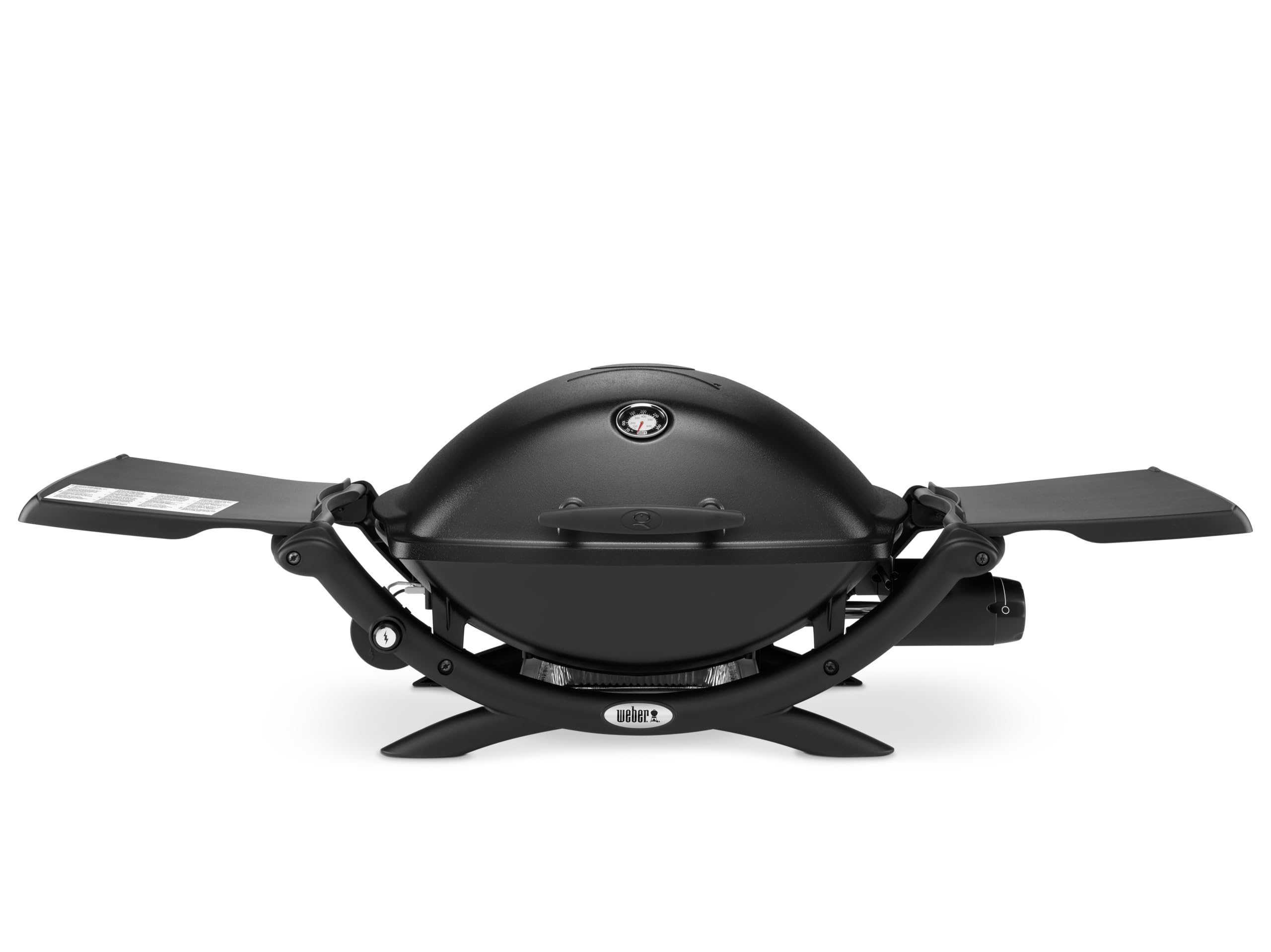 Q2200 Gas Grill, 54 x 39 cm Grilling Surface, 1 Burner, with Fold-Out Side Tables, 2-Piece Porcelain-Enamelled Cast Iron Grill Grate, with Lid Thermometer - Black (54010074)