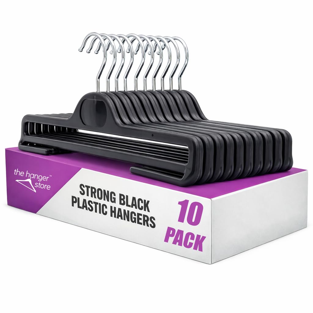 The Hanger Store Black 10 Plastic Coat Hangers With Bar For Trousers-Choose Pack Size & Colour