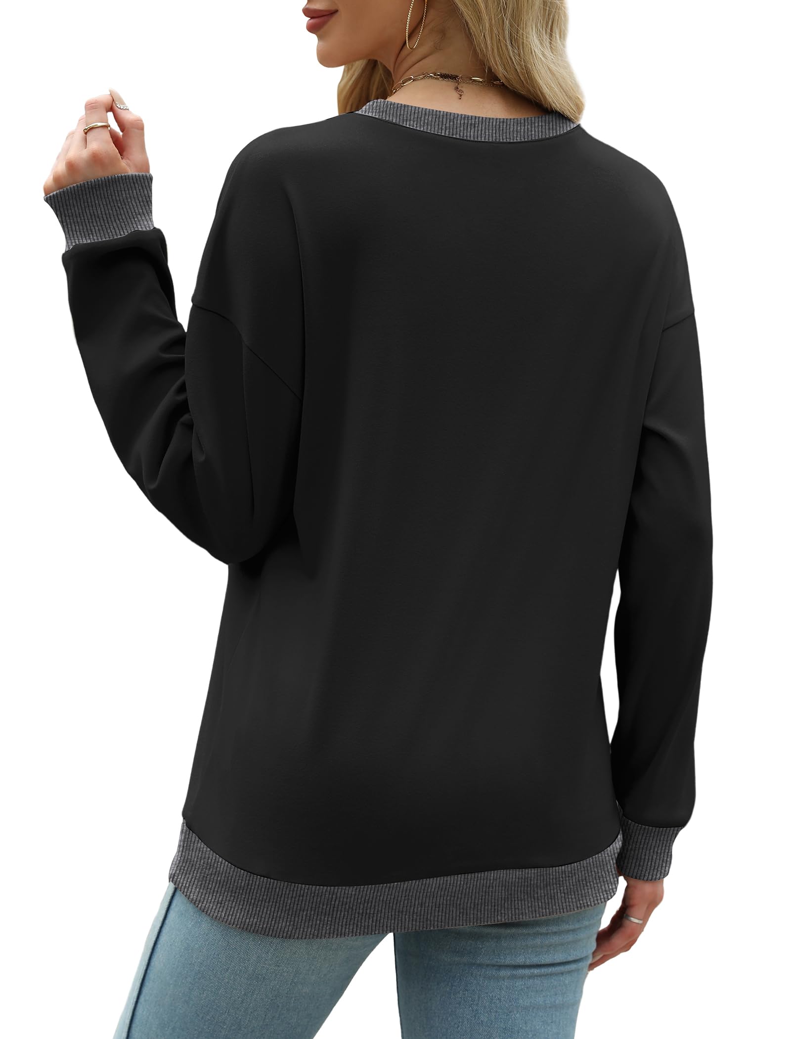 Saloogoe Sweatshirts for Women Crewneck Long Sleeve Loose Fit Tops Color Block Ribbed Trim Fashion 2025