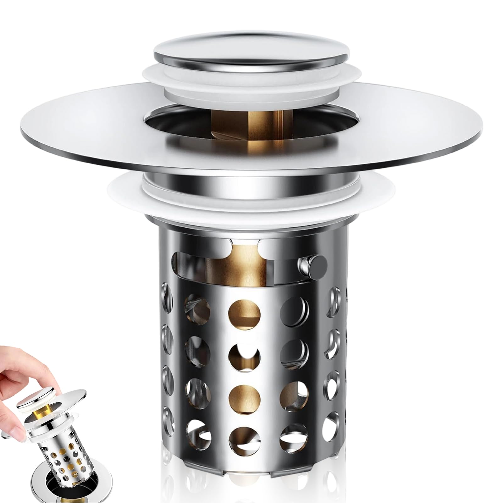 Bathroom Sink Plug, Sink Stopper Plug Hole Hair Catcher Floor Drain Filter Removable Strainer with Brass Bullet Core for Kitchen Bath Tub Basin