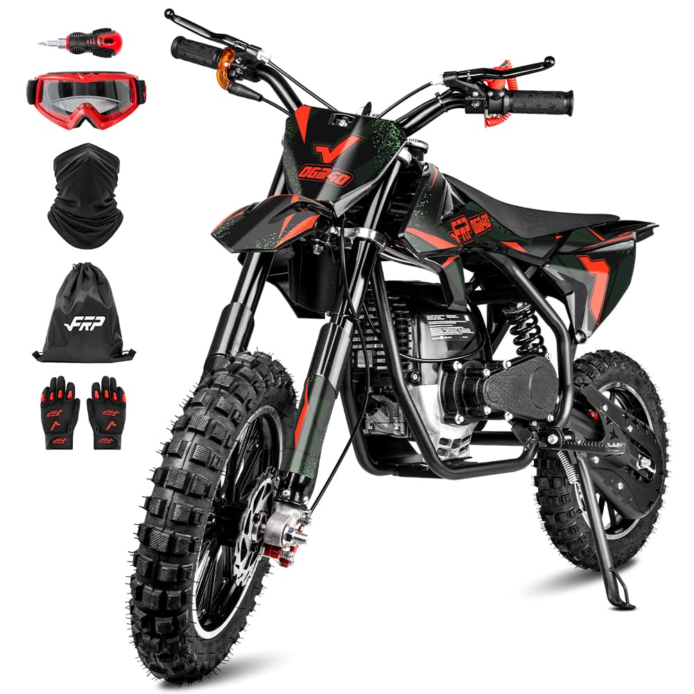 FRP FX40-Ogemaw Kids Dirt Bike 40CC 4-Stroke Gas Powered Off-Road Mini Motorcycle with Goggles, Gloves & Neck Gaiter, Dual Disc Brakes, 20 MPH Max Speed, 132 LBS Weight Capacity (Black)