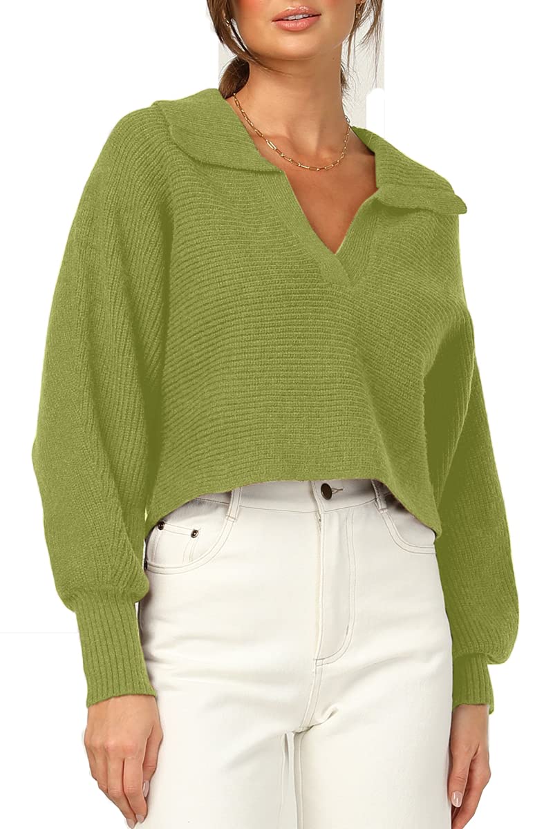 CHYRII Women Overized Puff Long Sleeve V Neck Knitted Polo Pullover Sweater Jumper Tops