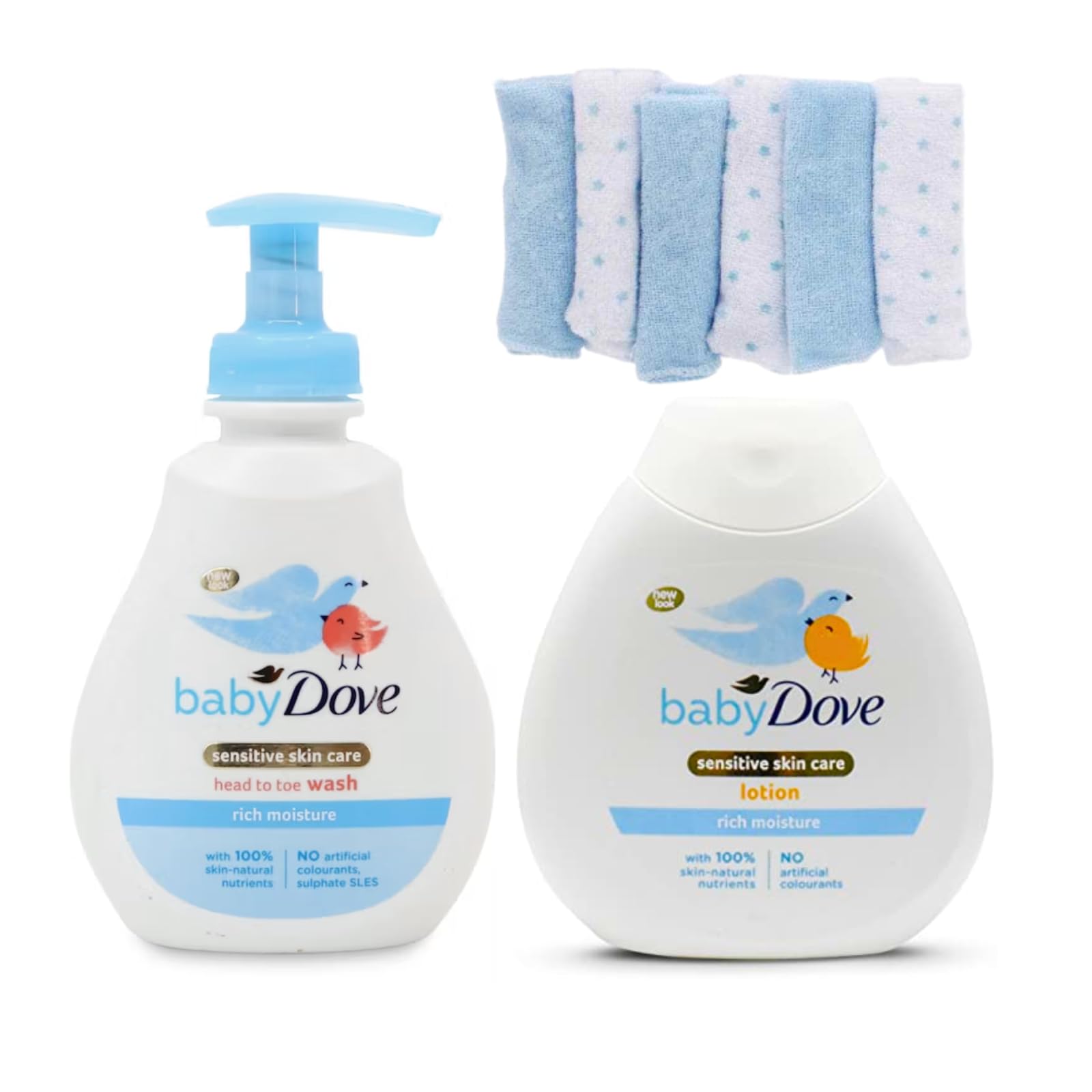 HAMEDISBaby Dove Bundle - Rich Moisture - Head to Toe Wash 200ml + Lotion 200ml + 6 Wash Cloths (Pink or Blue) (Rich Moisture)