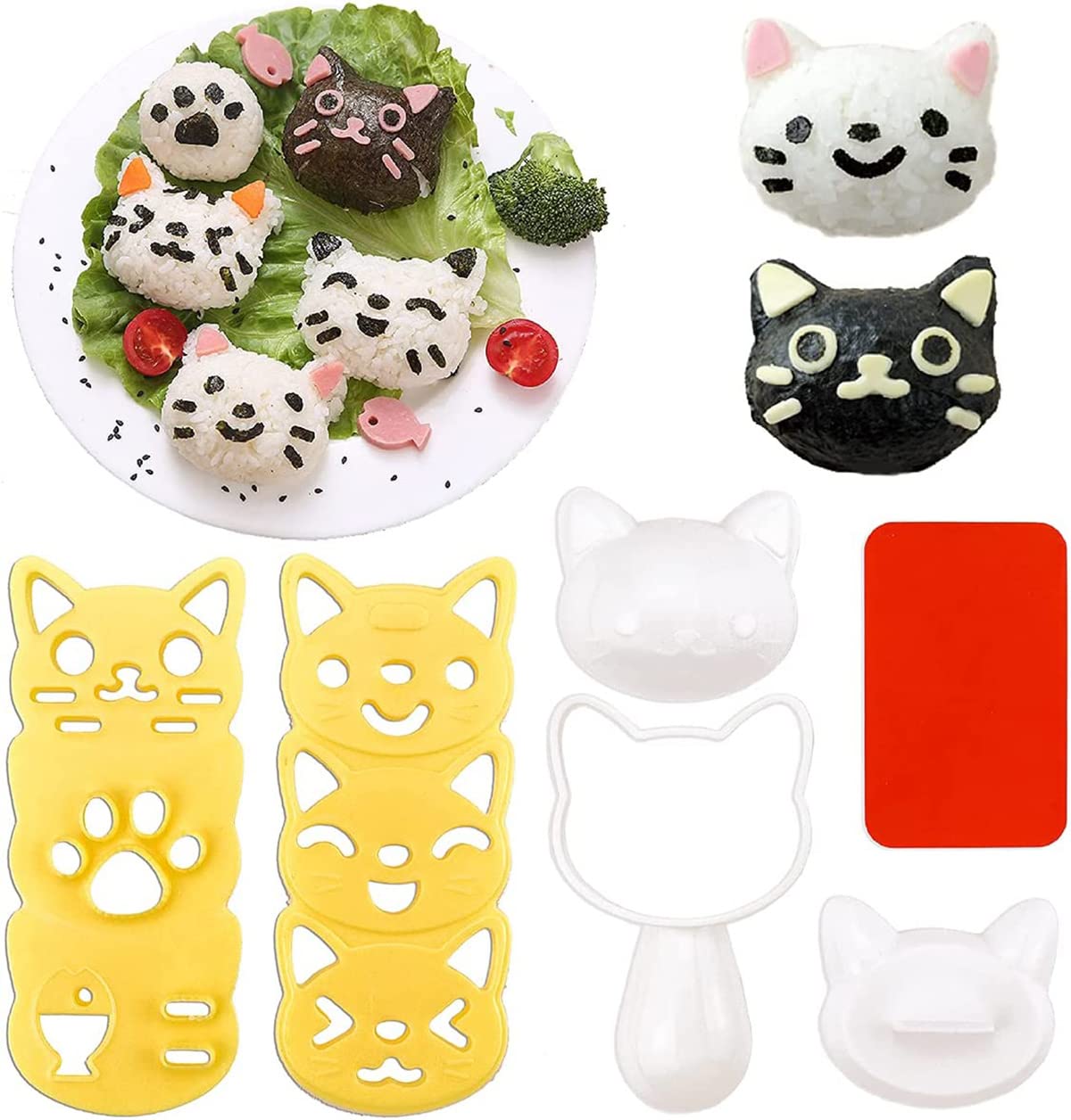 YHRY 4 In 1 Rice Ball Molds for Kids, Sushi Mold, Rice Shaper Onigiri Mold, Sandwich Mould, Bento Accessories, DIY Kitchen Tools with Nori Seaweed Punch Cutter, Cute Pattern (cat)