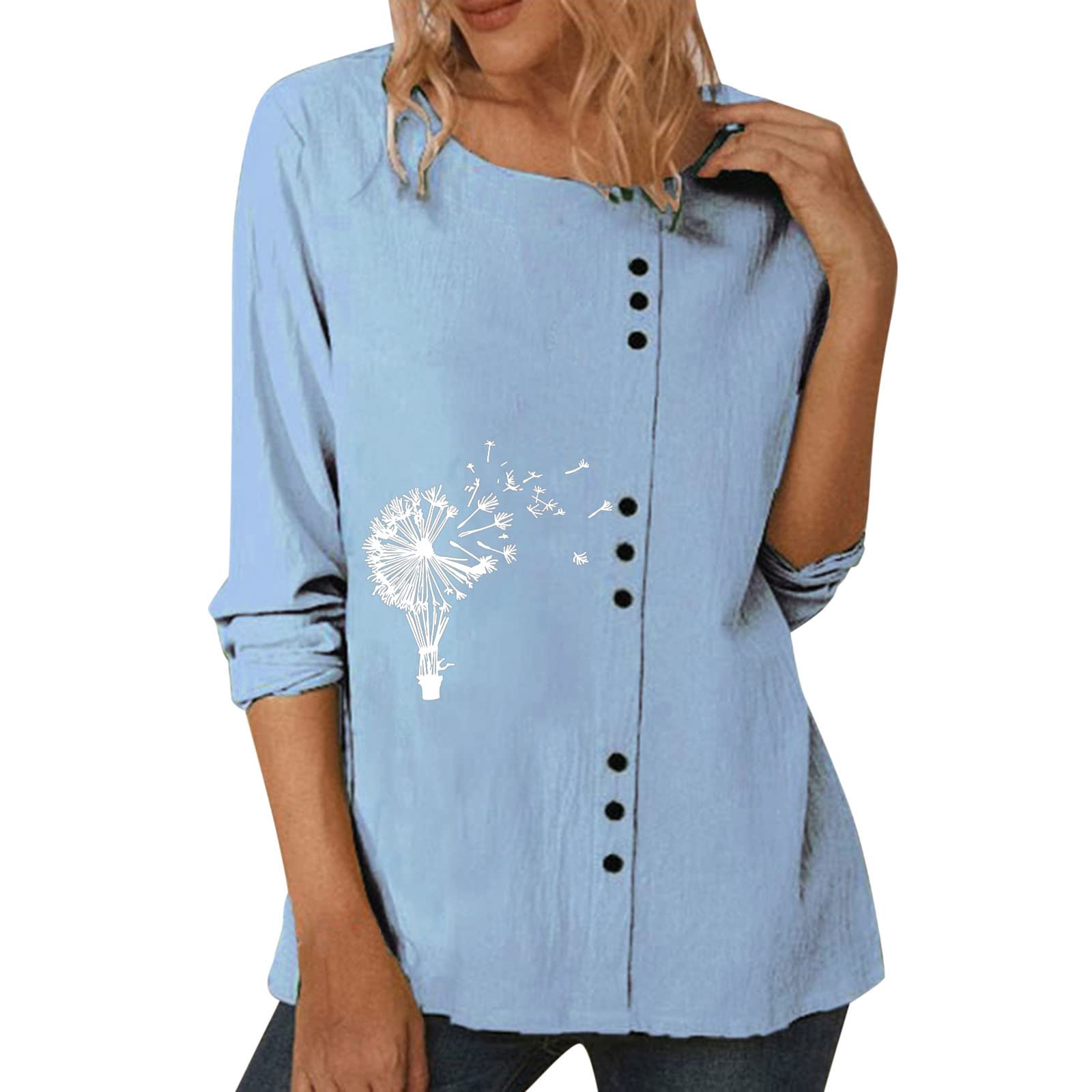 Cotton and Linen Women Dandelion Print Crew Neck Shirt Long Sleeve Cotton Tshirt Autumn Loose Fit Casual Top