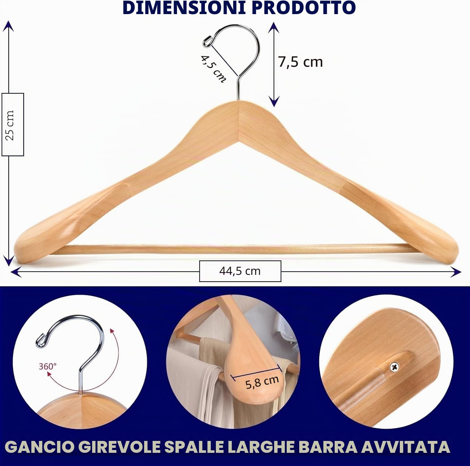 Amber Home 10 Pezzi 44.5cm Grucce Appendiabiti di Lusso Naturale in Legno Massello con Spalla Larga(5.8cm) per Cappotto Completo Giacca con Barra Tonda Antiscivolo