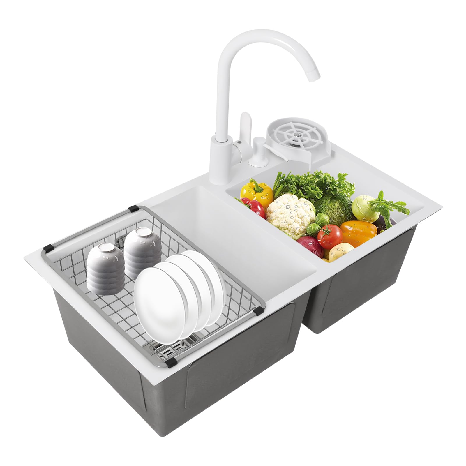 Fregadero de cocina de 2 cuencos, fregadero doble, fregadero empotrado, de acero inoxidable, con grifo y escurridor, juego de fregadero de acero inoxidable, fregadero doble para cocinas, cafés, bares