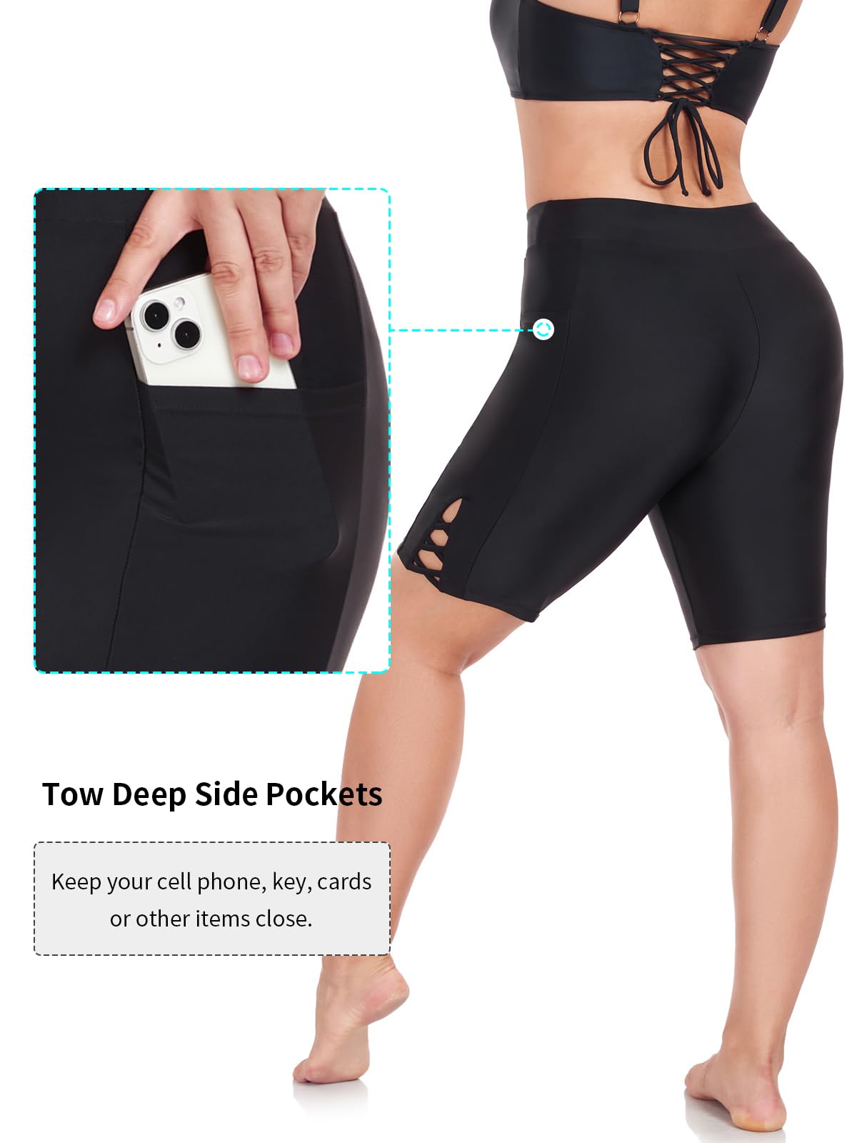 Ocean Blues Pantaloncini da bagno da donna a vita alta da 20,3 cm, con tasche, per controllo della pancia, UPF 50+, pantaloncini da spiaggia