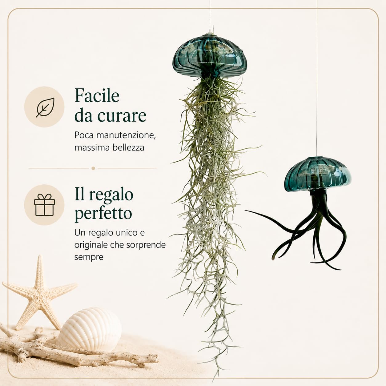 Jellyfish Pianta aerea XL – Riccio di mare in vetro verde smeraldo (ca. 13 cm) con Tillandsia – Fatto a mano e di facile manutenzione – Decorazione da appendere – Idea regalo – Trendyairplants