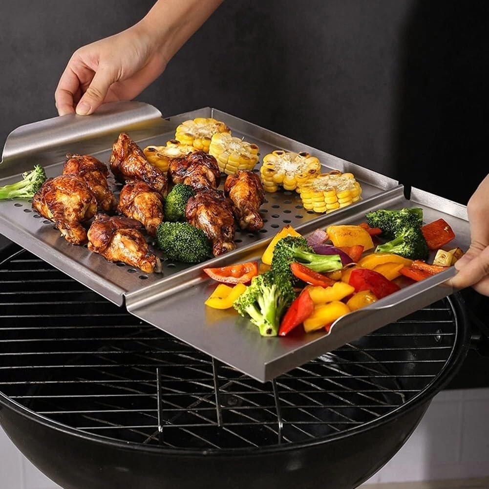 Zeroupshop Edelstahl 2-in-1 BBQ Grillschale 30,7 x 45 cm mit perforiertem Design für gleichmäßiges Garen, ideal zum Grillen von Fleisch, Gemüse, Fisch, Shish Kabobs, Camping, Hinterhofgrill und