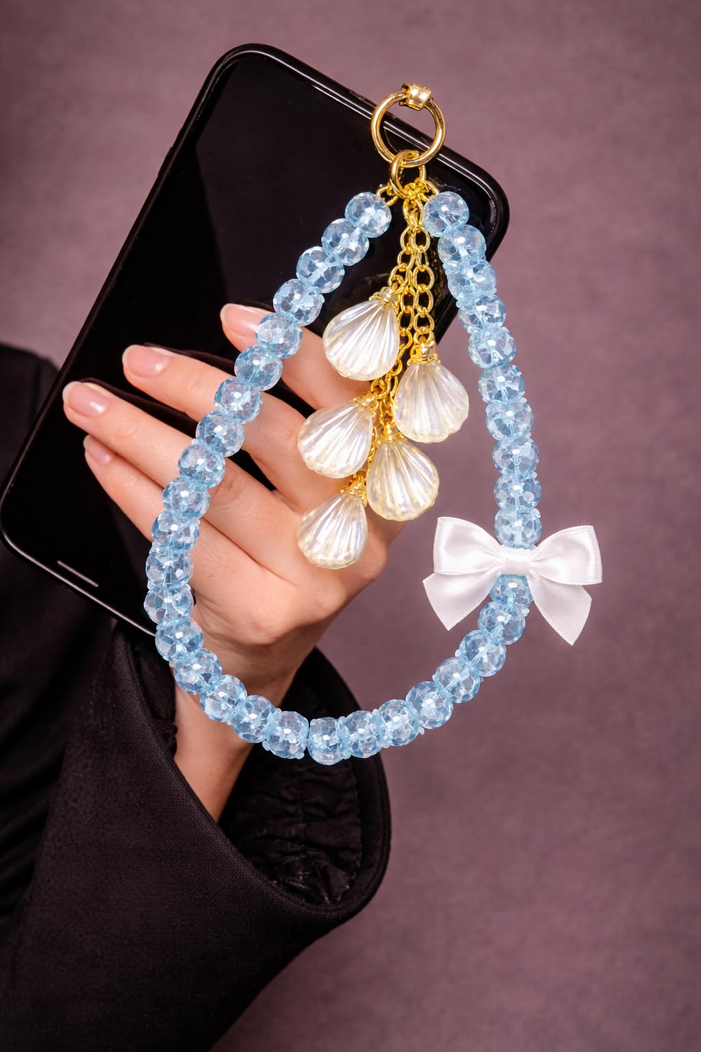Beaded Phone Charm Strap for Mobile – Aqua Blue Crystal Beads Wrist Lanyard with Shell Pendant & Bow | Anti Drop Phone Hand Strap, Aesthetic Keychain for Girls & Women-image-40