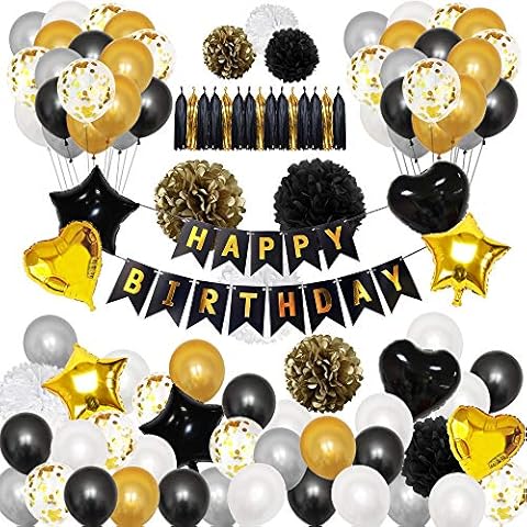 Okany 98 Pcs Party Decorations Kit “HAPPY BIRTHDAY” Banner Confetti Latex Balloons Star Heart Foil Balloons Paper Pom Poms Tassels for Party Supplies Black and Gold Cover