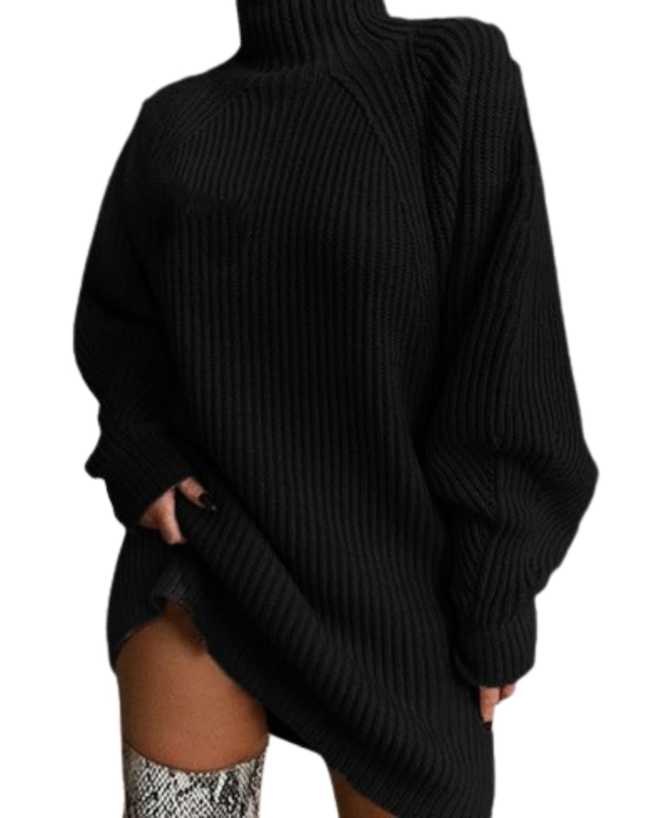 LIZALIG Womens Oversized Turtleneck Sweater Dress-Ribbed Knit Casual Long Sleeve Mini Dress for Fall and Winter