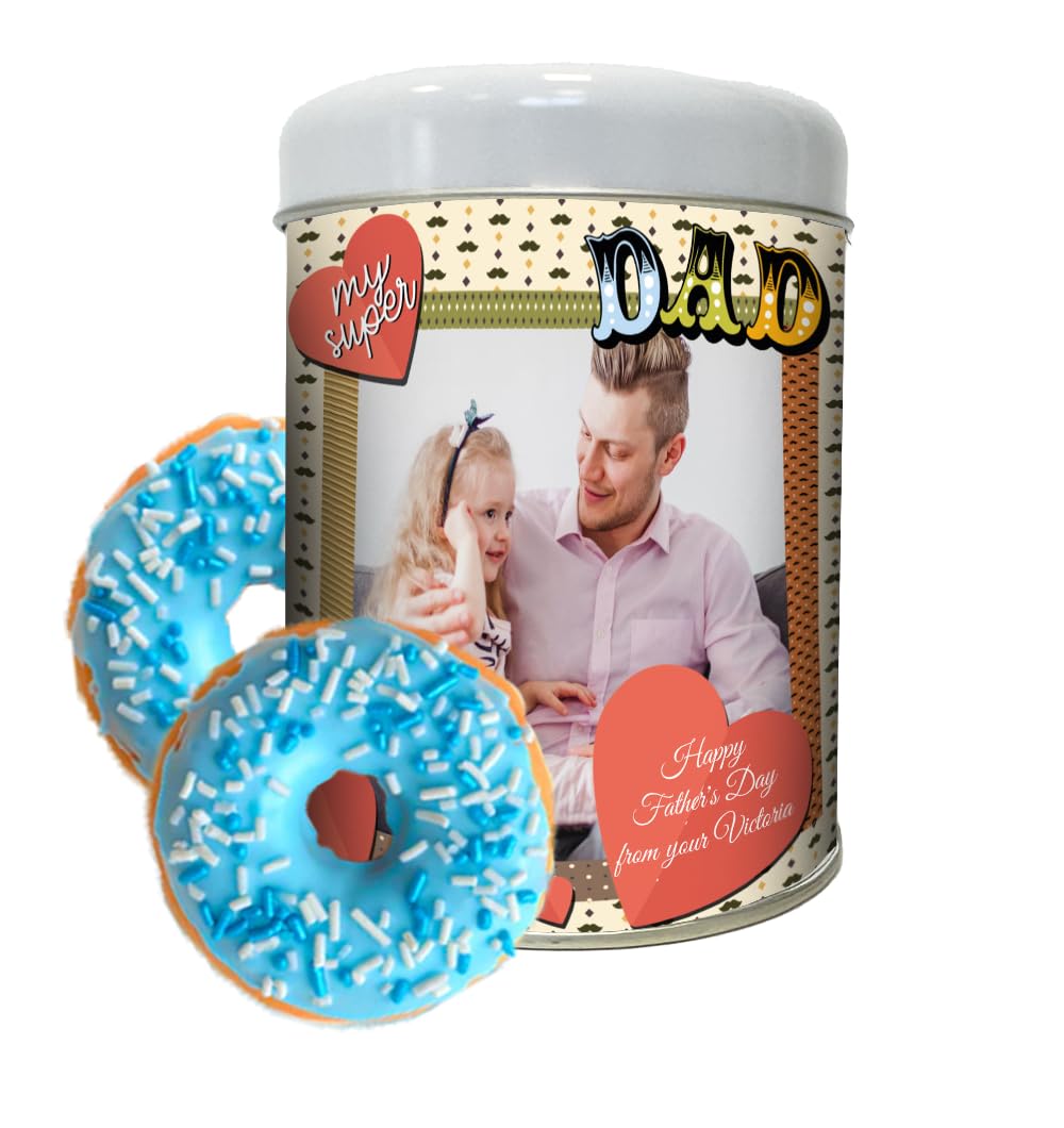 Confezione Regalo Festa del Papà, 2 Donuts alla Vaniglia da 35g con Scatola in Metallo Personalizzabile