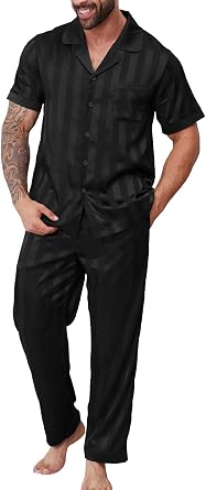 DEARCASE Mens Satin Pajama Set Short Sleeve Silk Sleepwear with Long Pants